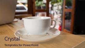  Presentation with wooden - PPT layouts having close up of cup with saucer on wooden table at cafe shop background and a coral colored foreground