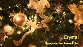  Presentation with ornament - Presentation consisting of close up of decorated christmas tree focus on gold ornament on left background and a tawny brown colored foreground