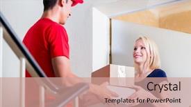  Presentation with maufacture of security uniform - Colorful presentation enhanced with close-up of delivery man backdrop and a coral colored foreground