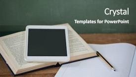  Presentation with digital books - PPT theme having close-up of digital tablet background and a dark gray colored foreground