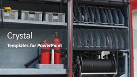  Presentation with emergency response - PPT theme featuring close-up-of-essential-firefighting and a dark gray colored foreground