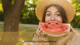  Presentation with summer time - Colorful PPT theme enhanced with close up of excited young girl in summer hat spending time at the park biting slice of a watermelon backdrop and a gold colored foreground