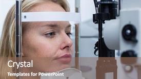  Presentation with examination - Theme featuring close-up of eye examination on slit lamp in ophthalmology clinic background and a violet colored foreground