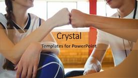  Presentation with basketball female - Slide deck having close-up of female basketball background and a coral colored foreground