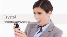  Presentation with text message - Cool new PPT theme with close up of female entrepreneur surprised by text message against a white background backdrop and a lemonade colored foreground