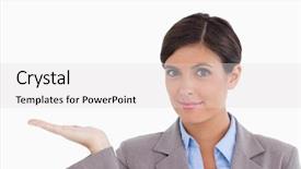  Presentation with entrepreneur - Slide deck consisting of close up of female entrepreneur presenting with palm up against a white background background and a light gray colored foreground