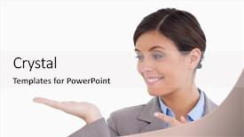  Presentation with entrepreneur - Beautiful PPT layouts featuring close up of female entrepreneur looking and pointing at her palm against a white background backdrop and a white colored foreground
