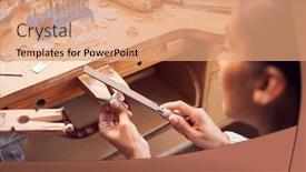  Presentation with working - Amazing PPT theme having close-up-of-female-jeweller backdrop and a coral colored foreground