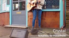  Presentation with female - Presentation design consisting of close-up-of-female-musician background and a violet colored foreground