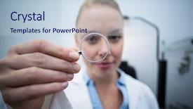  Presentation with ophthalmology - Presentation theme with close-up of female optometrist looking through magnifying glass in ophthalmology clinic background and a light blue colored foreground