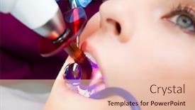  Presentation with done - Cool new PPT theme with close-up of female with open mouth having teeth done with ultraviolet lamp by dentist backdrop and a lemonade colored foreground