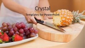  Presentation with feminine kitchen - Beautiful theme featuring close up of feminine hands slicing a pineapple in her kitchen backdrop and a coral colored foreground