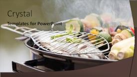  Presentation with food grill - Slide set having close-up of food on barbecue grill at park background and a violet colored foreground