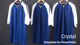  Presentation with clothing wooden clothes hanger object - Theme featuring close-up of football jerseys background and a navy blue colored foreground