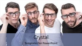  Presentation with glasses - Audience pleasing PPT layouts consisting of close up of four happy backdrop and a teal colored foreground