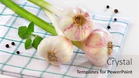  Presentation with garlic - Presentation design having close up of fresh garlic bunch on checkered dishtowel background and a coral colored foreground