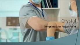  Presentation with scrubs - Cool new PPT layouts with close-up-of-friendly-surgeons backdrop and a coral colored foreground