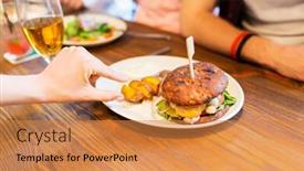  Presentation with sharing - Slides featuring close up of friends hands sharing burger at bar background and a gold colored foreground