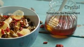  Presentation with cereal - PPT theme featuring close-up of fruit cereal and honey on a wooden table background and a light blue colored foreground