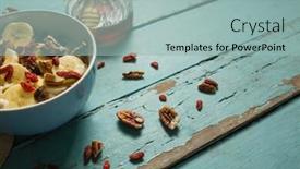  Presentation with cereal - Slides consisting of close-up of fruit cereal and honey on a wooden table background and a light blue colored foreground