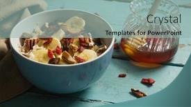  Presentation with cereal - Theme featuring close-up of fruit cereal and honey on a wooden table background and a light blue colored foreground