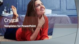  Presentation with gentle - Cool new presentation theme with close-up of gentle freelancer lying on the floor with silver laptop looking upwards at the window lying barefoot backdrop and a tawny brown colored foreground