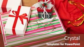  Presentation with happy holidays - Amazing slide deck having close-up of gift boxes and red sack - merry christmas and happy holidays concept backdrop and a tawny brown colored foreground