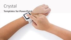  Presentation with smartwatch - Colorful PPT layouts enhanced with close-up of girl hand using smartwatch on white background backdrop and a white colored foreground