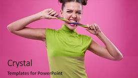  Presentation with lollipop - Amazing slide deck having close-up of girl with two buns hair female biting a long colorful lollipop isolated over pink background backdrop and a coral colored foreground