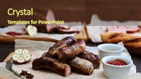  Presentation with sauces - Colorful theme enhanced with close-up of grilled sausages with sauces lying on the wooden board tasty and flavored ingredients arranged on a wooden table backdrop and a tawny brown colored foreground