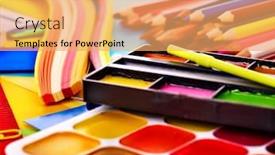  Presentation with art supplies - PPT theme consisting of close up of group art school supplies background and a yellow colored foreground
