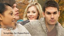  Presentation with woodland - Theme enhanced with close up of group of four teenage friends in autumn woodland background and a coral colored foreground