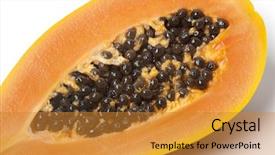  Presentation with papaya - Presentation theme with close up of half papaya fruit on white background background and a gold colored foreground