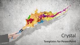  Presentation with paint brush - Cool new presentation design with close up of hand holding brush with colorful paint splashes backdrop and a light gray colored foreground