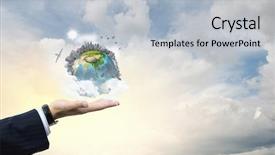  Presentation with hand holding earth - Beautiful presentation design featuring close up of hand holding backdrop and a light gray colored foreground