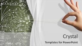  Presentation with behind curtain - Slide deck having close up of hand opening the white curtain with business sketches behind background and a light gray colored foreground
