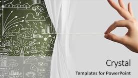  Presentation with behind curtain - Presentation featuring close up of hand opening the white curtain with business sketches behind background and a light gray colored foreground