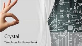  Presentation with behind curtain - Beautiful PPT theme featuring close up of hand opening the white curtain with business sketches behind backdrop and a light gray colored foreground