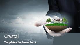  Presentation with green life - PPT theme enhanced with close up of hand presenting model of green countryside life background and a gray colored foreground