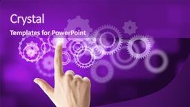  Presentation with gears - Amazing presentation having close up of hand touching icon of gears on media screen backdrop and a violet colored foreground