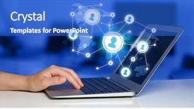  Presentation with social media network - Colorful slide set enhanced with close up of hand with laptop and social media network icons backdrop and a cobalt blue colored foreground