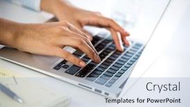  Presentation with hands of anonymous hackers typing - Slides having close-up-of-hands background and a light blue colored foreground