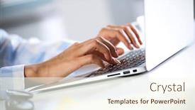  Presentation with laptop - Colorful slide deck enhanced with close-up-of-hands backdrop and a cream colored foreground