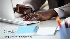  Presentation with computer - Beautiful slide deck featuring close-up-of-hands backdrop and a sky blue colored foreground