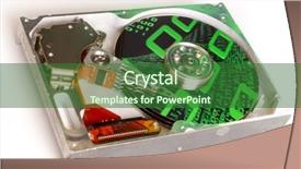  Presentation with hard disk - PPT layouts enhanced with close up of hard disk with abstract reflection background and a forest green colored foreground