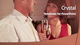  Presentation with flutes - Audience pleasing presentation theme consisting of close-up of harmonious couple looking deeply at each other holding two champagne flutes clink glasses at the home backdrop and a tawny brown colored foreground