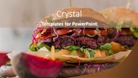  Presentation with burgers - Audience pleasing slides consisting of close-up of home made vegetarian red beet burgers on wooden table backdrop and a coral colored foreground