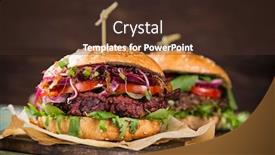  Presentation with burgers - PPT theme featuring close-up of home made vegetarian red beet burgers on wooden table background and a tawny brown colored foreground