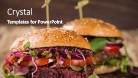  Presentation with burgers - Slides consisting of close-up of home made vegetarian red beet burgers on wooden table background and a tawny brown colored foreground