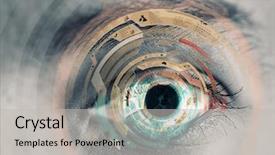  Presentation with digital data a human eye - Amazing PPT theme having close up of human eye backdrop and a  colored foreground